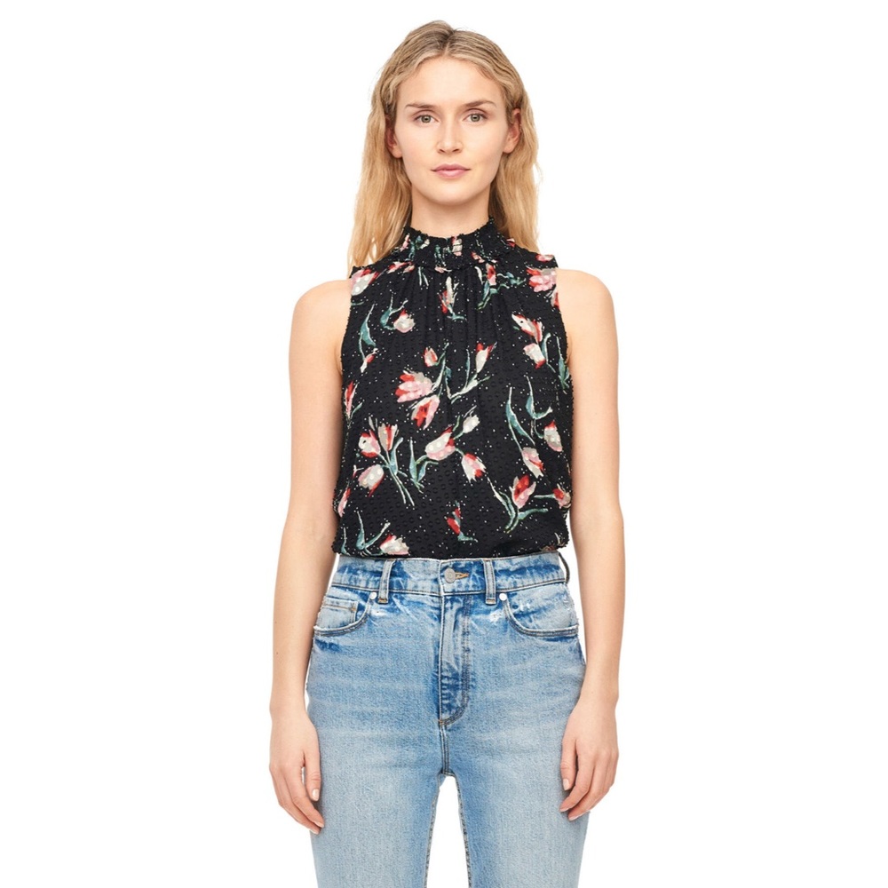 Rebecca Taylor Ikat Tulip Smocked Clip Dot Mock Neck Sleeveless Tank Top Blouse